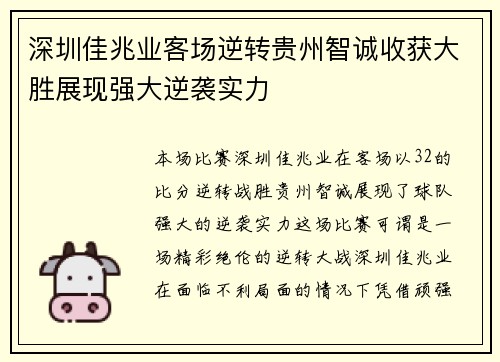 深圳佳兆业客场逆转贵州智诚收获大胜展现强大逆袭实力