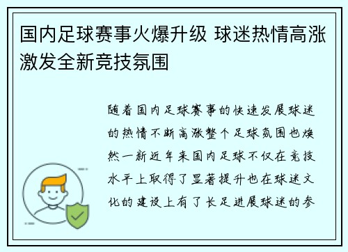 国内足球赛事火爆升级 球迷热情高涨激发全新竞技氛围