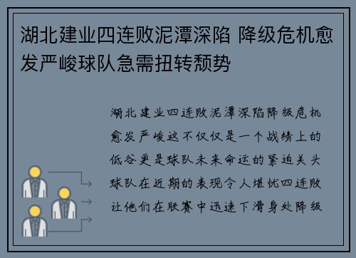 湖北建业四连败泥潭深陷 降级危机愈发严峻球队急需扭转颓势