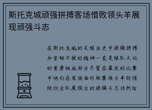 斯托克城顽强拼搏客场惜败领头羊展现顽强斗志