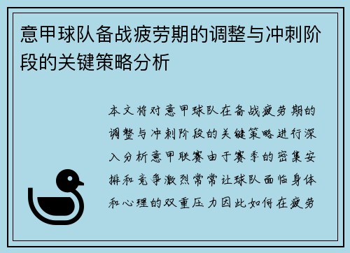 意甲球队备战疲劳期的调整与冲刺阶段的关键策略分析