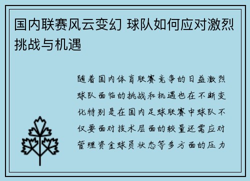 国内联赛风云变幻 球队如何应对激烈挑战与机遇