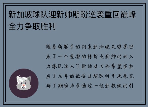 新加坡球队迎新帅期盼逆袭重回巅峰全力争取胜利