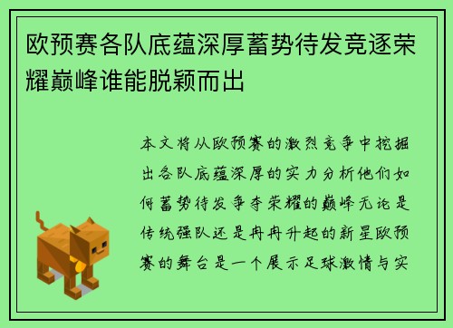 欧预赛各队底蕴深厚蓄势待发竞逐荣耀巅峰谁能脱颖而出