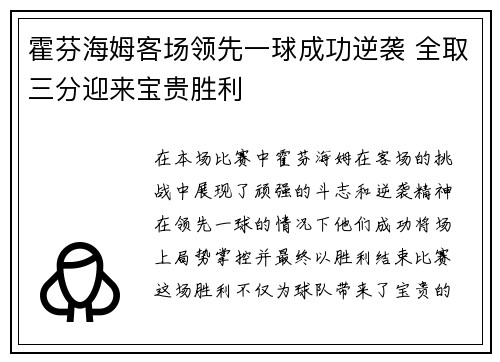 霍芬海姆客场领先一球成功逆袭 全取三分迎来宝贵胜利